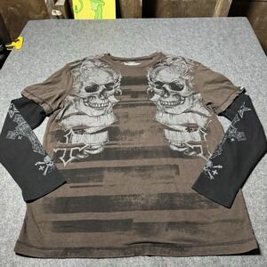 MMA Elite Thermal Long Sleeve Shirt Mens XL Brown Black Skull Grunge Y2K Punk